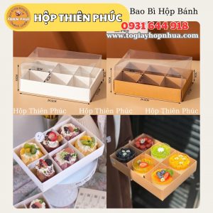 Hộp 6 ngăn đựng 6 ly mousse tròn - ly mousse vuông - Hộp 6 ngăn nắp mica trong suốt đựng bánh mix vị