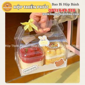 Hộp mica cuộn đựng 2 ly mousse  - Hộp quai xách trong suốt đựng bánh cuộn - Hộp đựng Bánh Khúc Cây Buche 16cm
