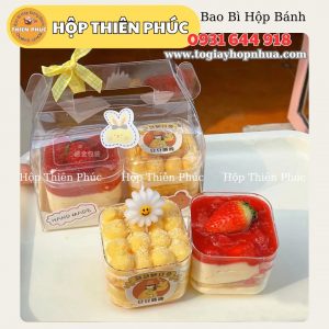 Hộp mica cuộn đựng 2 ly mousse  - Hộp quai xách trong suốt đựng bánh cuộn - Hộp đựng Bánh Khúc Cây Buche 16cm